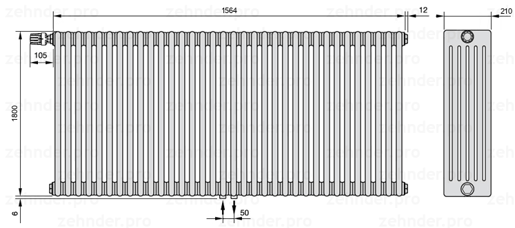 Схема (чертеж) Радиатор Zehnder Charleston 6180/34 №V007 Белый глянцевый RAL 9016